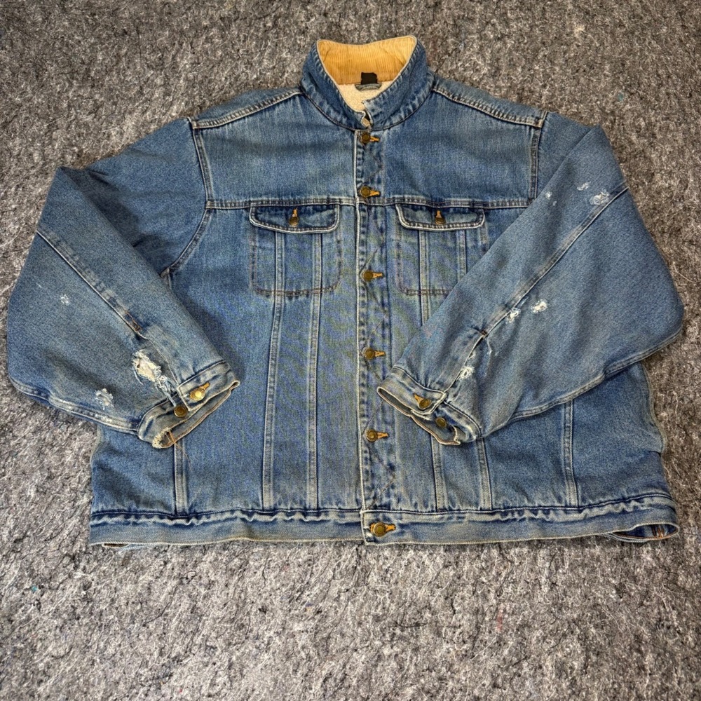Canyon Guide Outfitters Mens Denim Trucker Jacket Sherpa Lined Distressed Blue